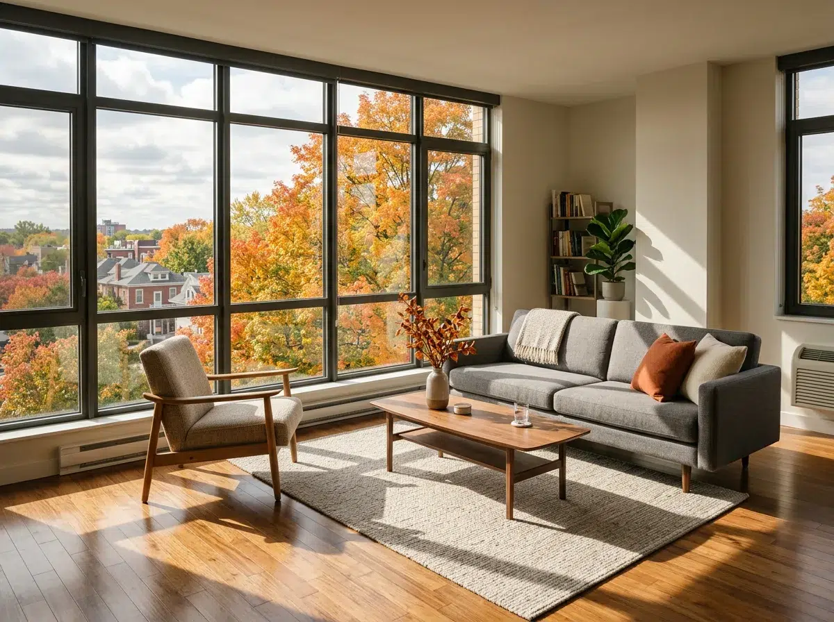 Sunlit Dayton apartment living room with floor-to-ceiling windows overlooking colorful fall trees and historic brick homes