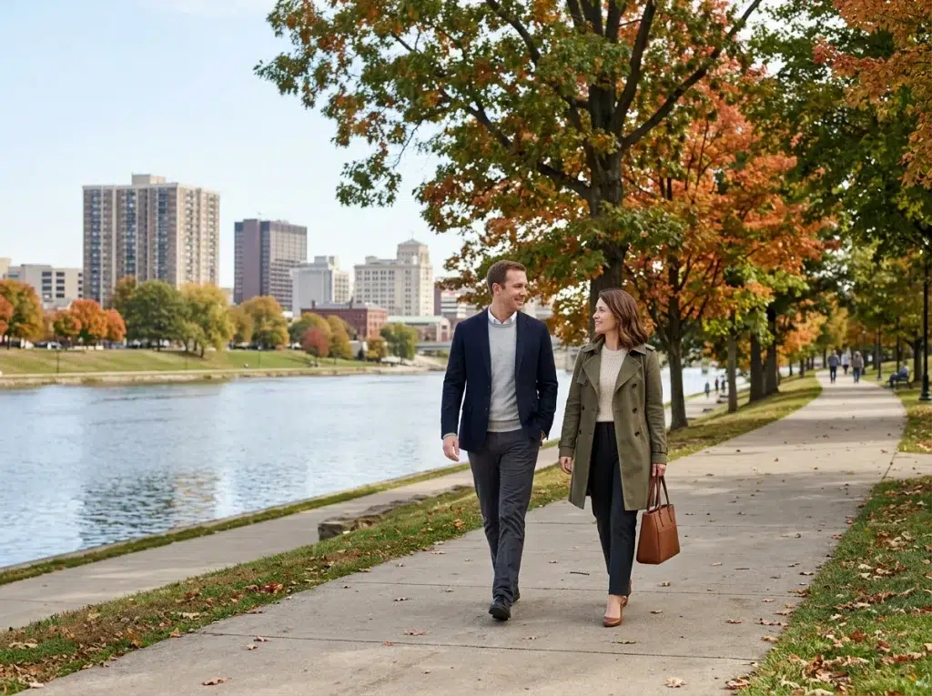 Couple walking along a tree-lined riverfront path in Dayton, Ohio, with fall foliage and the downtown skyline behind them