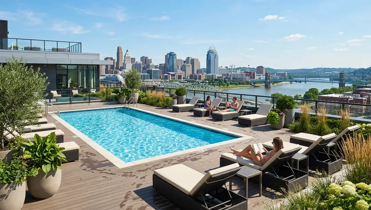 Residents relaxing by a rooftop apartment pool overlooking the Cincinnati skyline and Ohio River