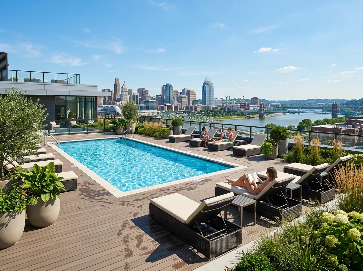 Residents relaxing by a rooftop apartment pool overlooking the Cincinnati skyline and Ohio River