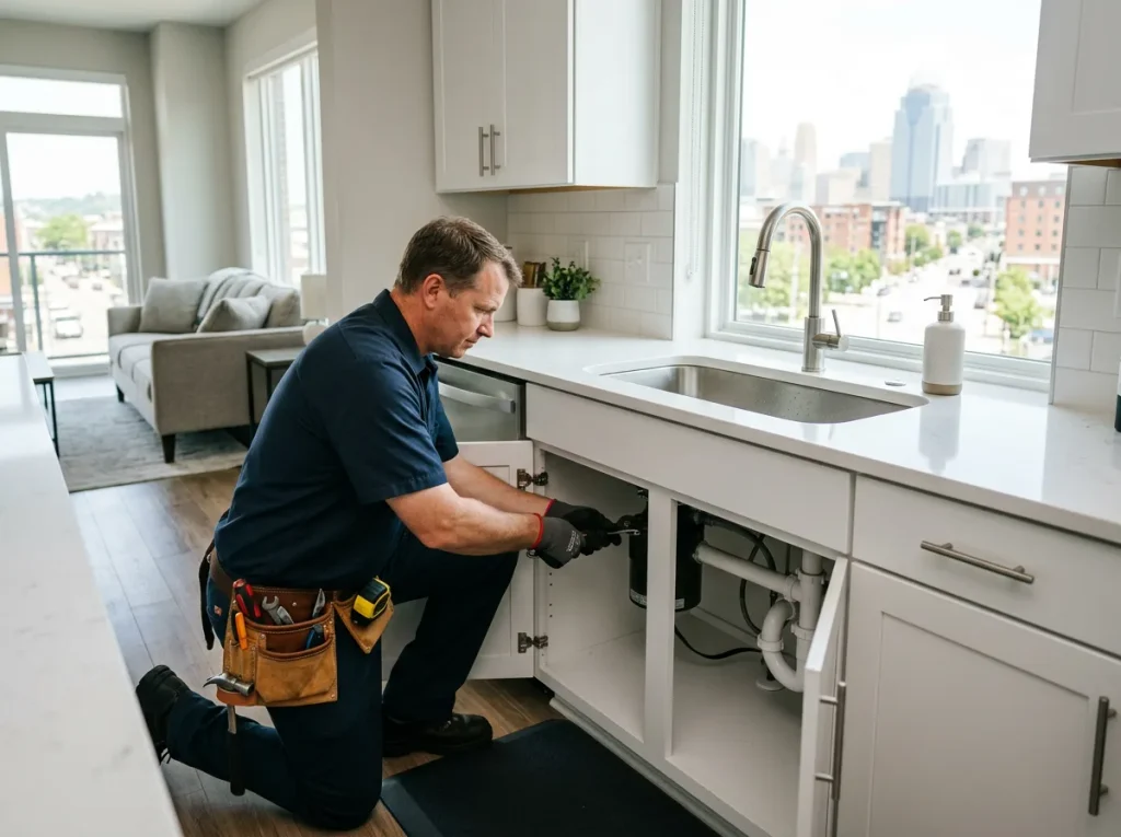 Maintenance technician repairing a kitchen sink garbage disposal in a modern apartment with city skyline views